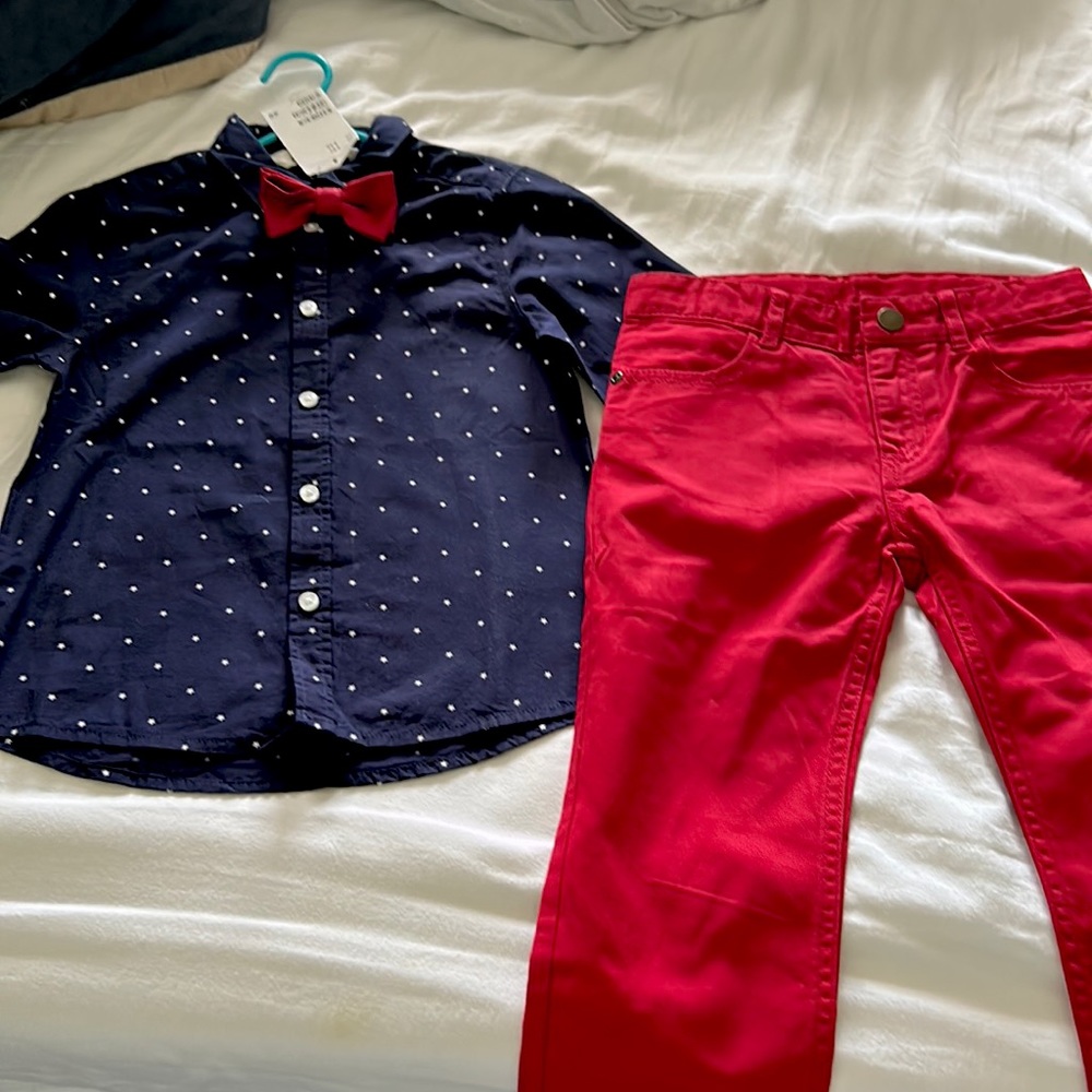 H&M boys button down long sleeve  with bow tie and red pants 4/5
